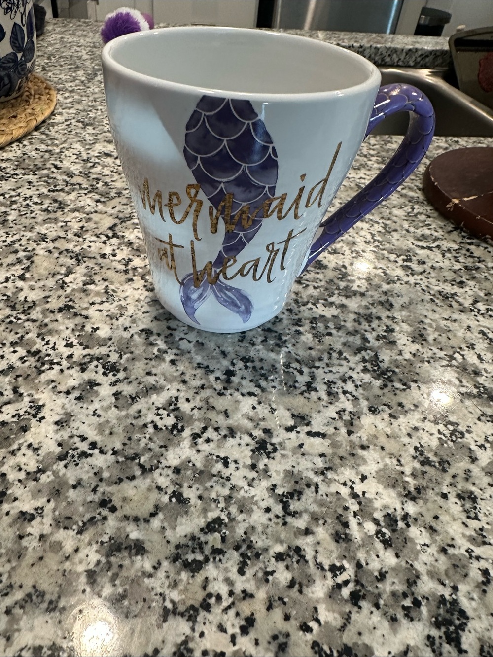 Source Unknown White Ceramic Mug with Purple Mermaid Tail and Gold Script